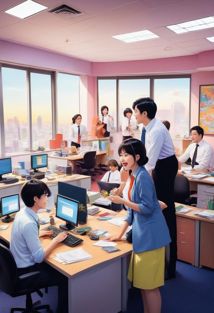 A vibrant and colorful illustration depicting a corporate office scene infused with elements of hentai culture, showcasing characters discussing employee benefits in a playful yet respectful way. The background features a mix of traditional office decor and anime-inspired motifs, creating a lighthearted atmosphere. Include diverse characters expressing excitement about unique benefits with exaggerated expressions. Cartoonish style with bright, engaging colors. super-realistic. vibrant colors.