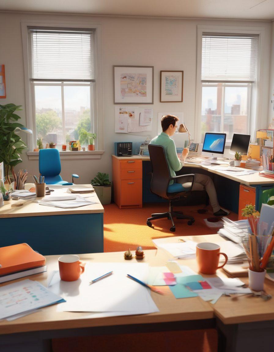 A split scene showcasing a colorful office environment on one side with employees happily collaborating, and on the other side, artistic representations of adult animation characters in a vibrant, cartoonish style, blending humor and workplace themes. Incorporate playful elements like coffee cups and office supplies intertwined with animated characters, creating a whimsical yet thoughtful atmosphere. super-realistic. vibrant colors. cartoon style.