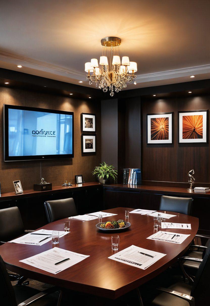 A modern office setting featuring diverse workers reviewing workplace policies, with a focus on an adult entertainment theme. Include legal documents scattered on a sleek conference table, and visuals of rights symbols (like balance scales) subtly integrated into the decor. The atmosphere should balance professionalism and the unique niche of adult entertainment, with warm lighting and a welcoming vibe. super-realistic. vibrant colors. contemporary style.